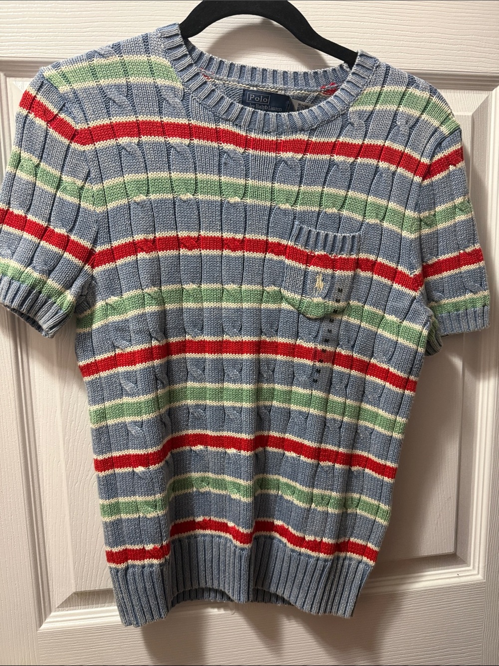 Ralph Lauren Short-Sleeve Striped Knit Sweater in Light Blue, Red, Green